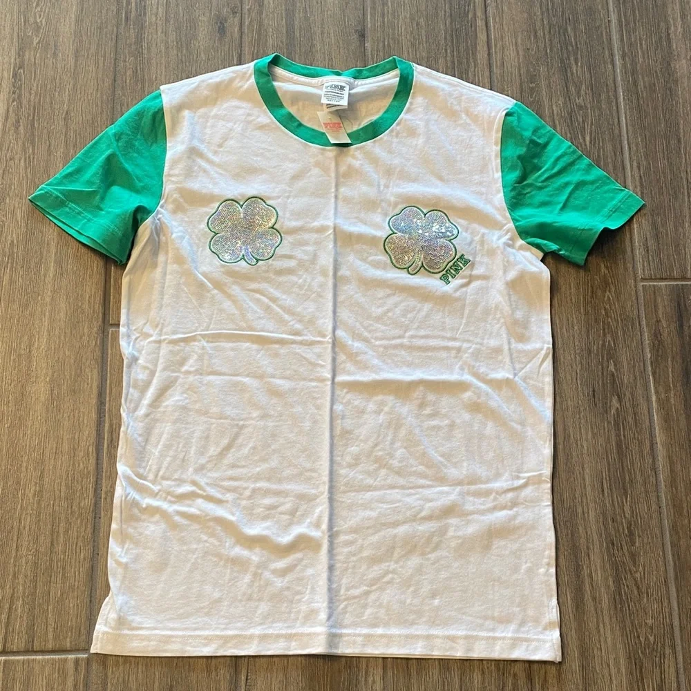 PINK Victoria's Secret Green and White Clover Tee - Picture 1 of 7